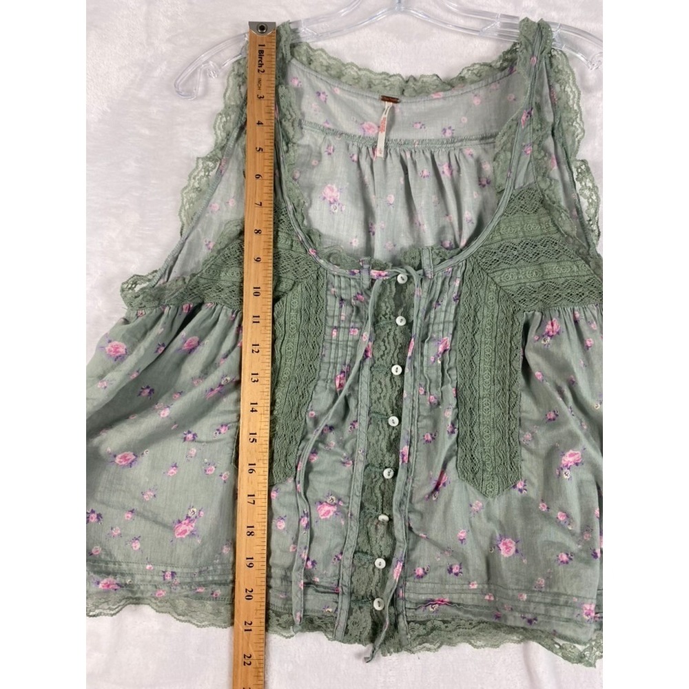 Free People Tank Blouse Top Women Sz L Green Lace Accent Forest Fairy - Picture 3 of 13